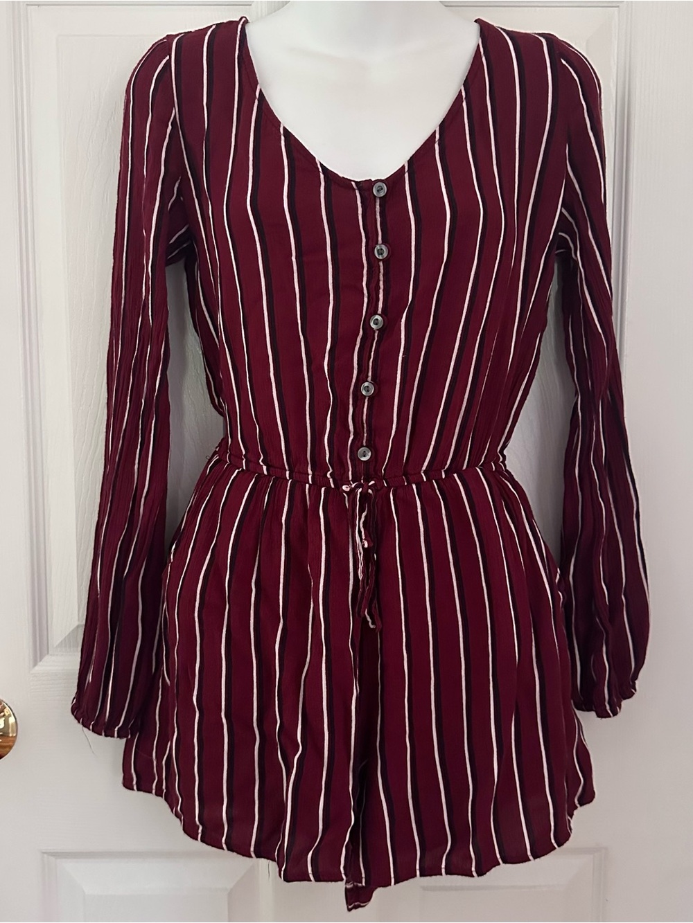 Hollister Women's Medium Striped Romper Burgundy White Button Front Tie Waist